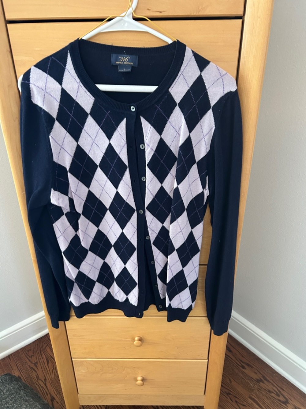 Brooks Brothers Navy and Light Lavender Argyle Button Cardigan.  Large